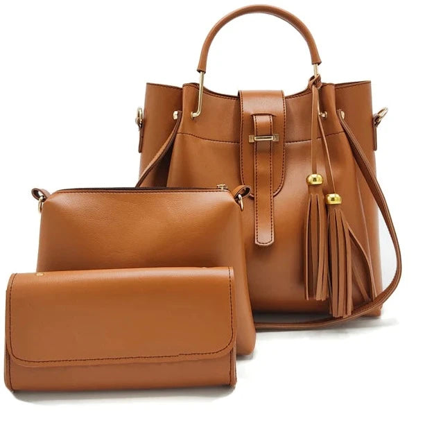 Women's Stylish 3pc Hand Bag - Brwon Color