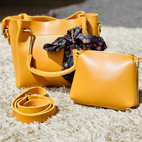 Women's Stylish 2pc Hand Bag Tote With Mini Purse - Yellow (Mustard) Color